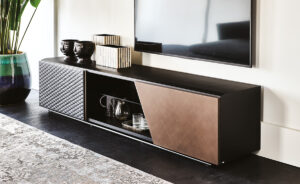 Meuble TV design haut de gamme Aston TV par Cattelan Italia, portes cuir matelassé et Brushed Bronze, disponible chez D-Style Interior