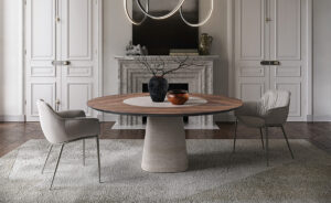 Rado Ker-Wood Round table marie bois noble et céramique sculpturale pour une salle à manger moderne et raffinée. Disponible chez D-Style Interior.