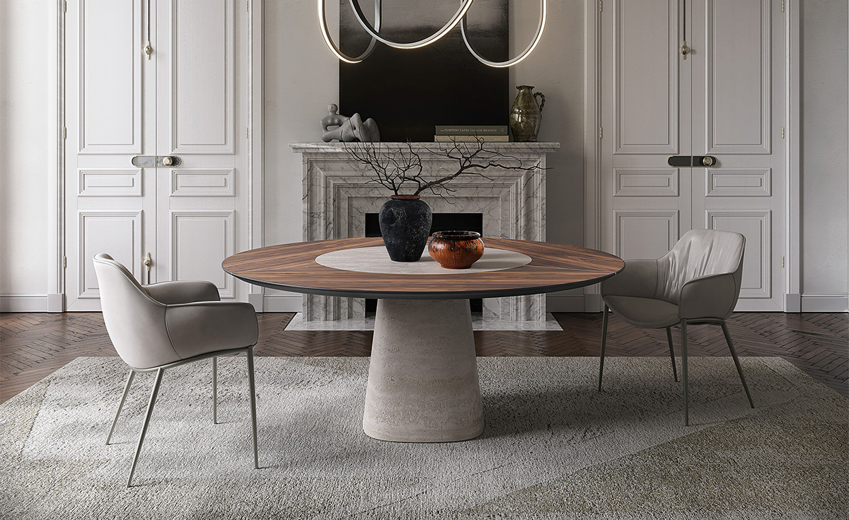 Rado Ker-Wood Round table marie bois noble et céramique sculpturale pour une salle à manger moderne et raffinée. Disponible chez D-Style Interior.