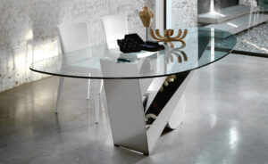 Valentinox table de Cattelan Italia, un chef-d’œuvre en verre, marbre et acier inoxydable. Élégance italienne disponible chez D-Style Interior.