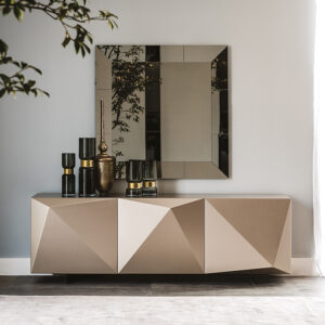 Buffet design haut de gamme Kayak par Cattelan Italia, design sculptural avec finitions brossées Bronze ou Gris, disponible chez D-Style Interior