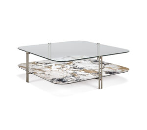 Table basse design haut de gamme Biplane par Cattelan Italia, plateaux verre et céramique Marmi avec structure acier et détails laiton, disponible chez D-Style Interior.