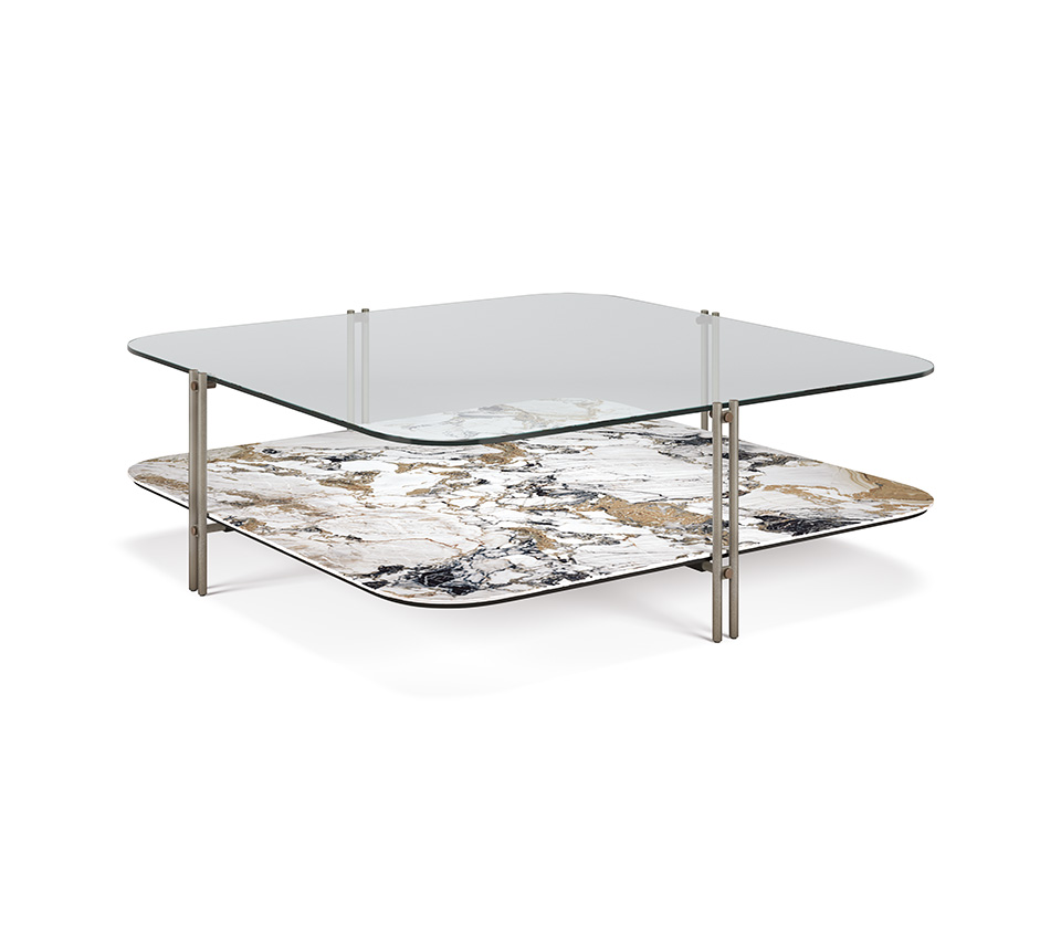Table basse design haut de gamme Biplane par Cattelan Italia, plateaux verre et céramique Marmi avec structure acier et détails laiton, disponible chez D-Style Interior.