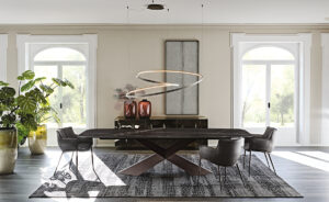 Tyron Keramik table design haut de gamme par Cattelan Italia avec base en acier embossé et plateau en céramique Marmi. Disponible chez D-Style Interior.