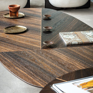Table basse design haut de gamme Adrian Wood par Cattelan Italia, plateau bois avec incrustations contrastées et base conique métallique, disponible chez D-Style Interior.