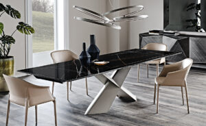 Tyron Keramik Drive table extensible design par Cattelan Italia avec plateau en céramique Marmi et base en acier laqué. Disponible chez D-Style Interior.