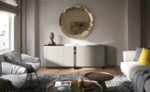 Buffet design haut de gamme Carnaby par Cattelan Italia, portes verre convexe miroir avec structure laquée, disponible chez D-Style Interior