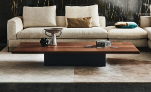Table basse design haut de gamme Idem par Cattelan Italia, plateau bois massif aux bords irréguliers et base métallique graphite, disponible chez D-Style Interior.