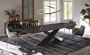 Tyron Keramik table design haut de gamme par Cattelan Italia avec base en acier embossé et plateau en céramique Marmi. Disponible chez D-Style Interior.