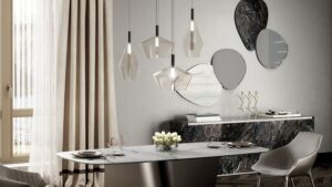 Suspension 24 Gradi design haut de gamme en verre soufflé transparent et acier poli par Reflex Angelo, élégante et contemporaine, disponible chez D-Style Interior