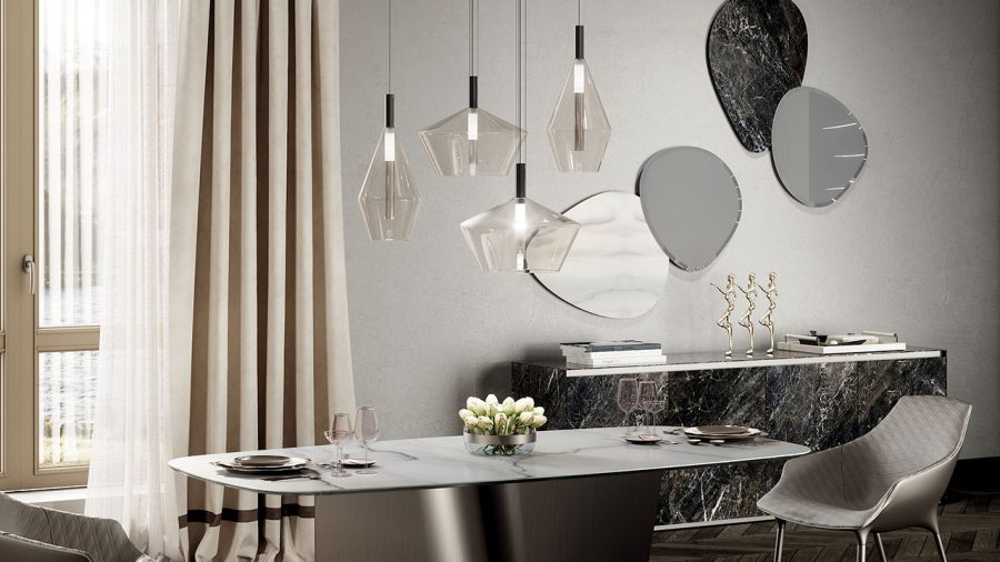 Suspension 24 Gradi design haut de gamme en verre soufflé transparent et acier poli par Reflex Angelo, élégante et contemporaine, disponible chez D-Style Interior