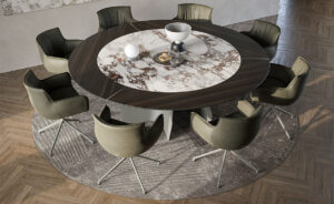 Senator Ker-Wood Round table de Cattelan Italia allie bois noble et céramique précieuse dans une forme circulaire sculpturale. Élégance italienne et raffinement contemporain. Disponible chez D-Style Interior.