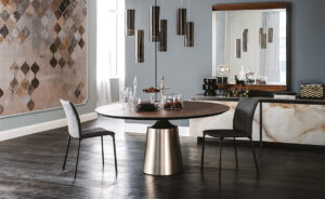 Yoda Wood table design haut de gamme en bois naturel par Cattelan Italia, avec base conique en acier et finitions élégantes. Disponible chez D-Style Interior.