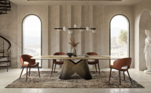 Scott Keramik table de Cattelan Italia allie design sculptural et élégance italienne, avec son plateau en céramique effet marbre et sa base métallique raffinée. Disponible chez D-Style Interior.