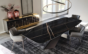 Tyron Keramik table design haut de gamme par Cattelan Italia avec base en acier embossé et plateau en céramique Marmi. Disponible chez D-Style Interior.