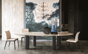 Roll Keramik table de Cattelan Italia, signée Paolo Cattelan, allie innovation, élégance et équilibre grâce à sa base cylindrique sculpturale et son plateau en céramique Marmi raffiné. Disponible chez D-Style Interior.