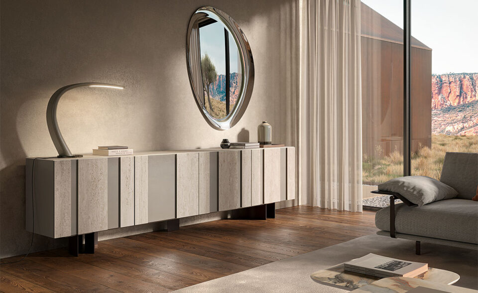 Buffet design haut de gamme Amsterdam Keramik par Cattelan Italia, structure bois titane avec inserts céramique Colosseo, disponible chez D-Style Interior