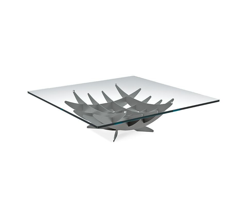 Table basse design haut de gamme Atlas par Cattelan Italia, plateau verre avec base acier méridiens, disponible chez D-Style Interior.
