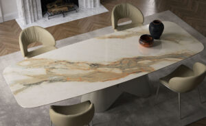 Scott Keramik table de Cattelan Italia allie design sculptural et élégance italienne, avec son plateau en céramique effet marbre et sa base métallique raffinée. Disponible chez D-Style Interior.