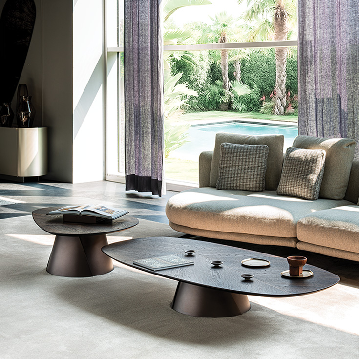 Table basse design haut de gamme Adrian Wood par Cattelan Italia, plateau bois avec incrustations contrastées et base conique métallique, disponible chez D-Style Interior.