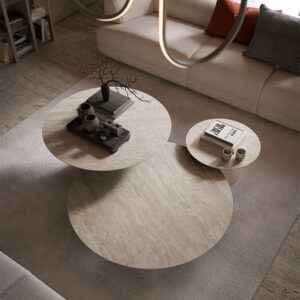 Table basse design haut de gamme Albert Keramik par Cattelan Italia, plateau céramique Marmi avec base conique métallique, disponible chez D-Style Interior.