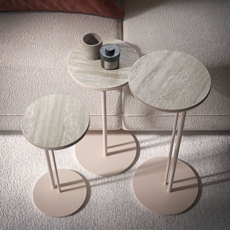 Table basse design haut de gamme Sting Cattelan Italia, plateau céramique Marmi sur base acier embouti, disponible chez D-Style Interior.