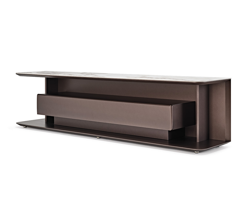 Meuble TV design haut de gamme Award par Cattelan Italia, plateau céramique Marmi et structure bois laqué, disponible chez D-Style Interior