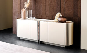 Buffet design haut de gamme Dynasty par Cattelan Italia, structure bois laqué avec verre imprimé effet marbre, disponible chez D-Style Interior