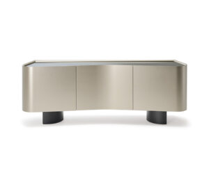 Buffet design haut de gamme Blues par Cattelan Italia, formes arrondies symétriques avec plateau verre miroir, disponible chez D-Style Interior