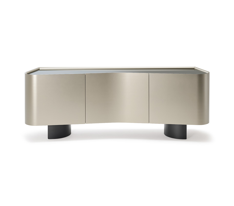 Buffet design haut de gamme Blues par Cattelan Italia, formes arrondies symétriques avec plateau verre miroir, disponible chez D-Style Interior