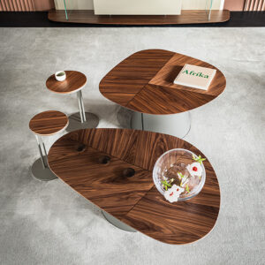 Table basse design haut de gamme Adrian Wood par Cattelan Italia, plateau bois avec incrustations contrastées et base conique métallique, disponible chez D-Style Interior.