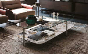 Table basse design haut de gamme Biplane par Cattelan Italia, plateaux verre et céramique Marmi avec structure acier et détails laiton, disponible chez D-Style Interior.