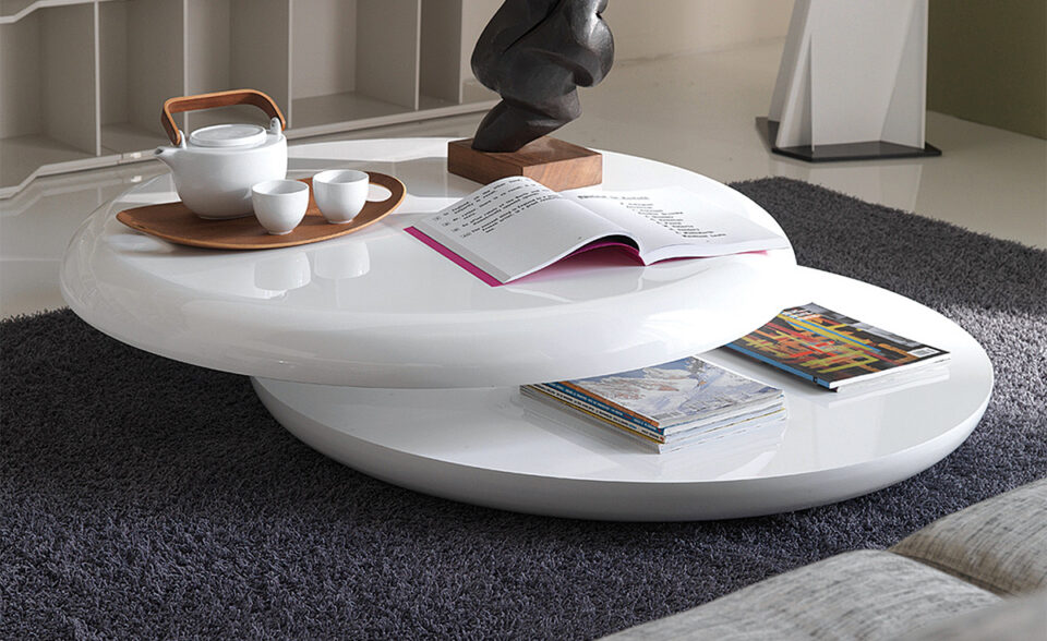 Table basse design haut de gamme Yo-Yo Cattelan Italia, plateau rotatif laqué blanc poli, disponible chez D-Style Interior.