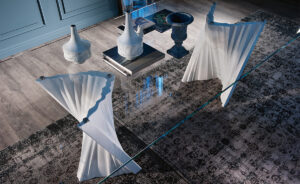 Plisset table de Cattelan Italia associe marbre Palissandro et verre clair dans un design sculptural et raffiné. Disponible chez D-Style Interior.