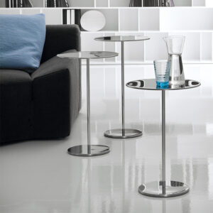 Table basse design haut de gamme Gliss par Cattelan Italia, table basse ronde acier inoxydable et chromé avec plateau verre, disponible chez D-Style Interior.