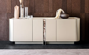 Buffet design haut de gamme Dynasty par Cattelan Italia, structure bois laqué avec verre imprimé effet marbre, disponible chez D-Style Interior