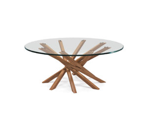 Table basse design haut de gamme Atari par Cattelan Italia, plateau verre avec base spirale bois style Mikado, disponible chez D-Style Interior.