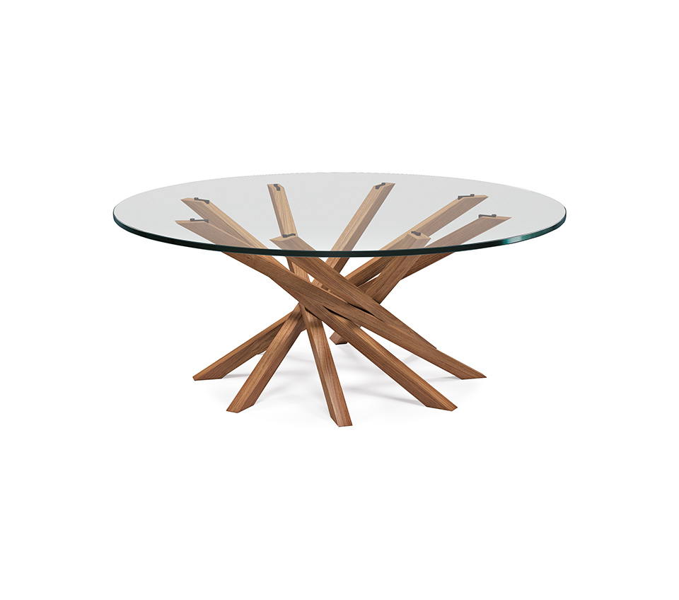 Table basse design haut de gamme Atari par Cattelan Italia, plateau verre avec base spirale bois style Mikado, disponible chez D-Style Interior.