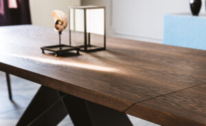 Premier Wood Drive table extensible en bois et acier laqué signée Cattelan Italia, alliant élégance naturelle, innovation et design contemporain. Disponible chez D-Style Interior.