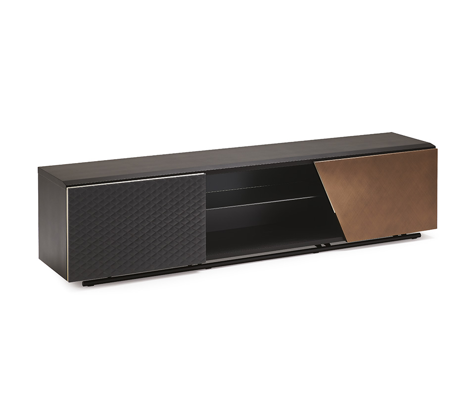 Meuble TV design haut de gamme Aston TV par Cattelan Italia, portes cuir matelassé et Brushed Bronze, disponible chez D-Style Interior