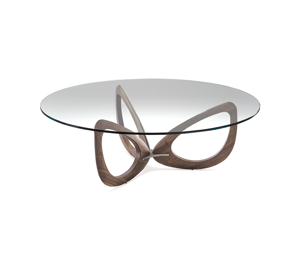 Table basse design haut de gamme Helix par Cattelan Italia, plateau verre avec base sculpturale noyer Canaletto et acier, disponible chez D-Style Interior.