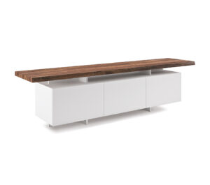 Meuble TV design haut de gamme Seneca par Cattelan Italia, portes laquées avec plateau bois et rangement ouvert, disponible chez D-Style Interior.