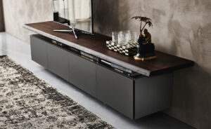 Meuble TV design haut de gamme Seneca par Cattelan Italia, portes laquées avec plateau bois et rangement ouvert, disponible chez D-Style Interior.