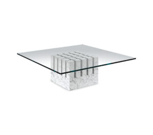 Table basse design haut de gamme Scacco par Cattelan Italia, socle marbre Carrare et plateau verre transparent, disponible chez D-Style Interior.