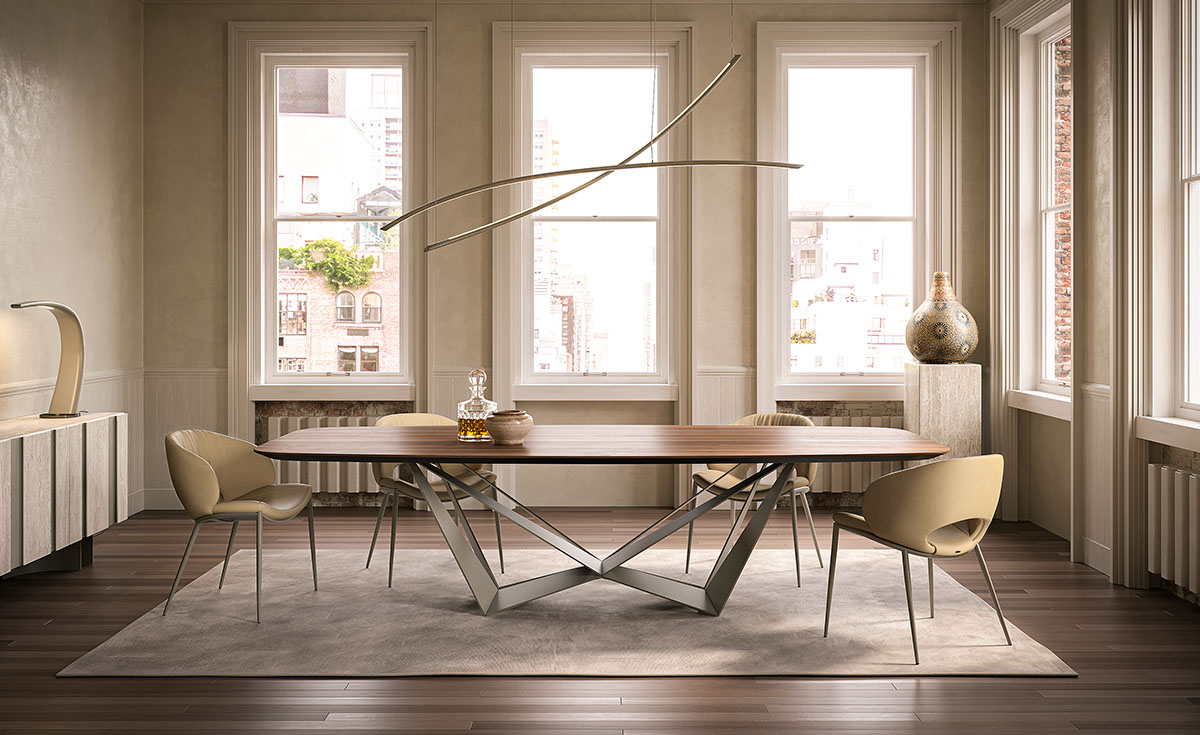 Skorpio Wood table design haut de gamme et acier laqué par Cattelan Italia, alliance parfaite entre force sculpturale et élégance naturelle. Disponible chez D-Style Interior.