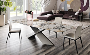 Tyron Keramik table design haut de gamme par Cattelan Italia avec base en acier embossé et plateau en céramique Marmi. Disponible chez D-Style Interior.