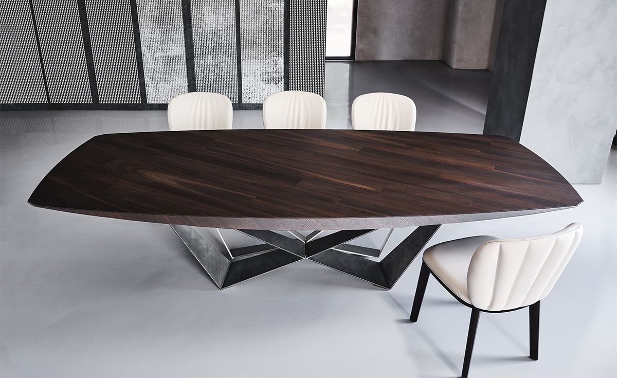 Skorpio Wood table design haut de gamme et acier laqué par Cattelan Italia, alliance parfaite entre force sculpturale et élégance naturelle. Disponible chez D-Style Interior.