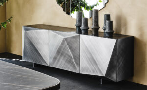 Buffet design haut de gamme Kayak par Cattelan Italia, design sculptural avec finitions brossées Bronze ou Gris, disponible chez D-Style Interior