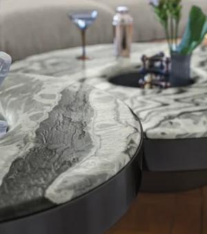 Table basse design haut de gamme Aperitivo Arketipo par Mauro Lipparini, plateau marbre avec seau à glace intégré, disponible chez D-Style Interior.