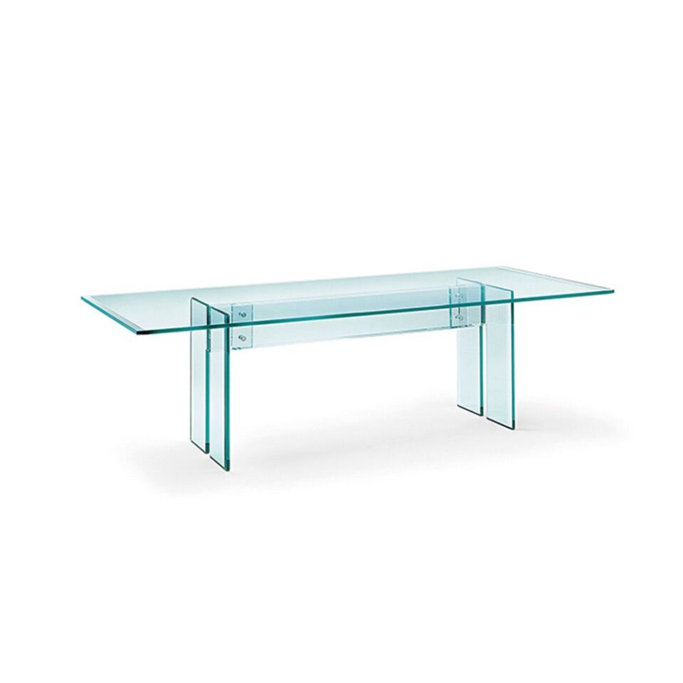 LLT | Bureau en verre FIAM Italia design Dante O. Benini et Luca Gonzo, plateau 15 mm biseauté avec piétement soudé, fixations en acier inoxydable, sur mesure, disponible chez D-Style Interior.
